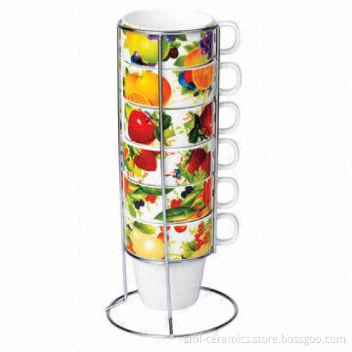 6-piece Porcelain Cup Set with fruit Decorations, Available for ODM Services